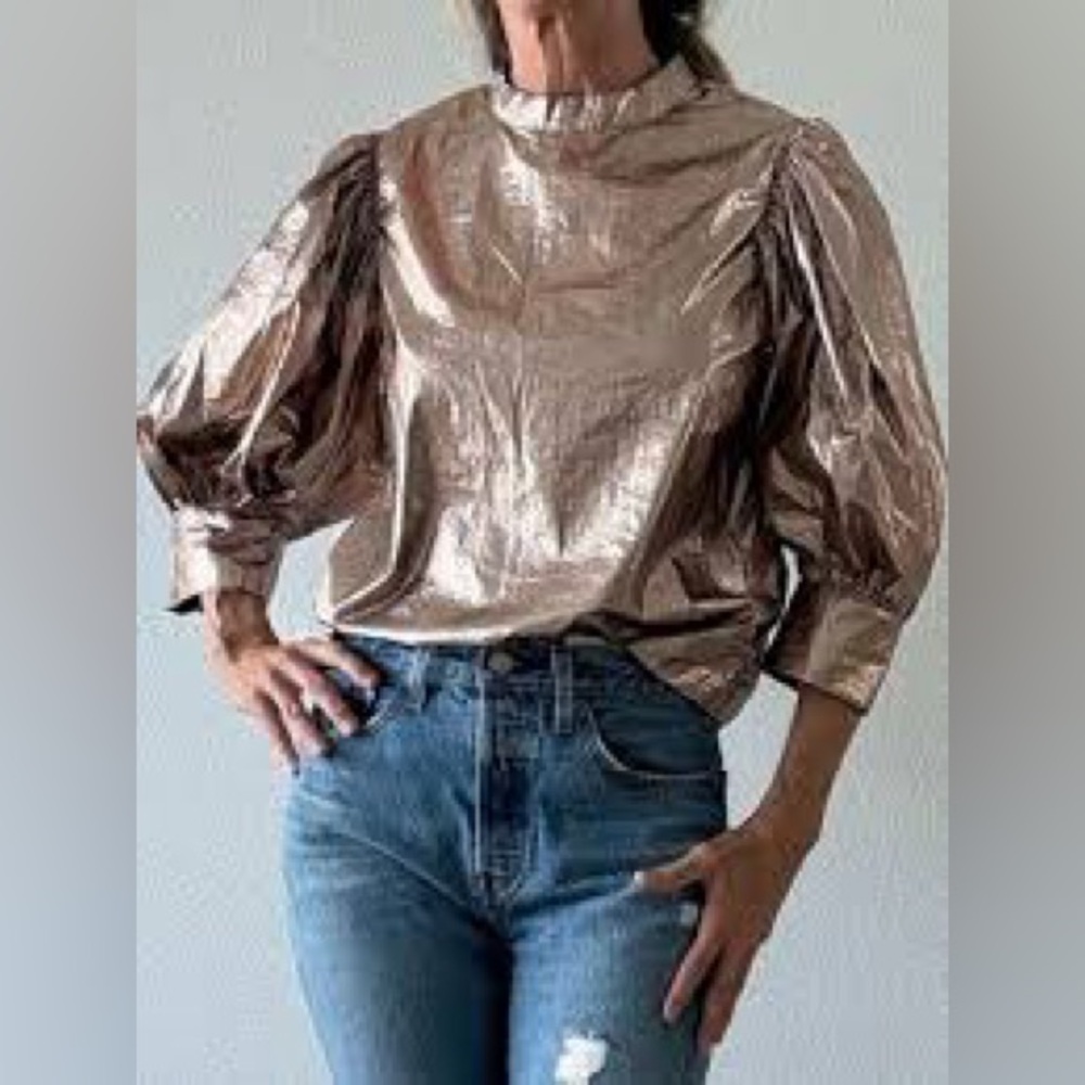 Farm Rio Metallic Puff-Sleeve Blouse - Rose Gold